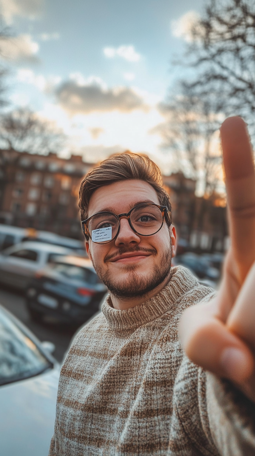 British man takes selfie with sticky notes on glasses.