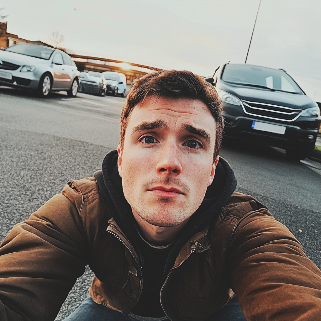 British man taking selfie in Manchester parking lot You