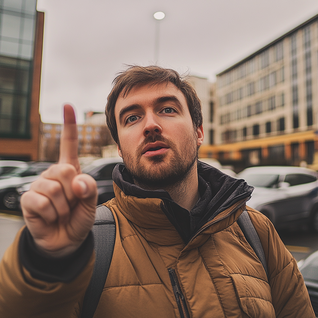 British man taking selfie in Manchester parking lot.