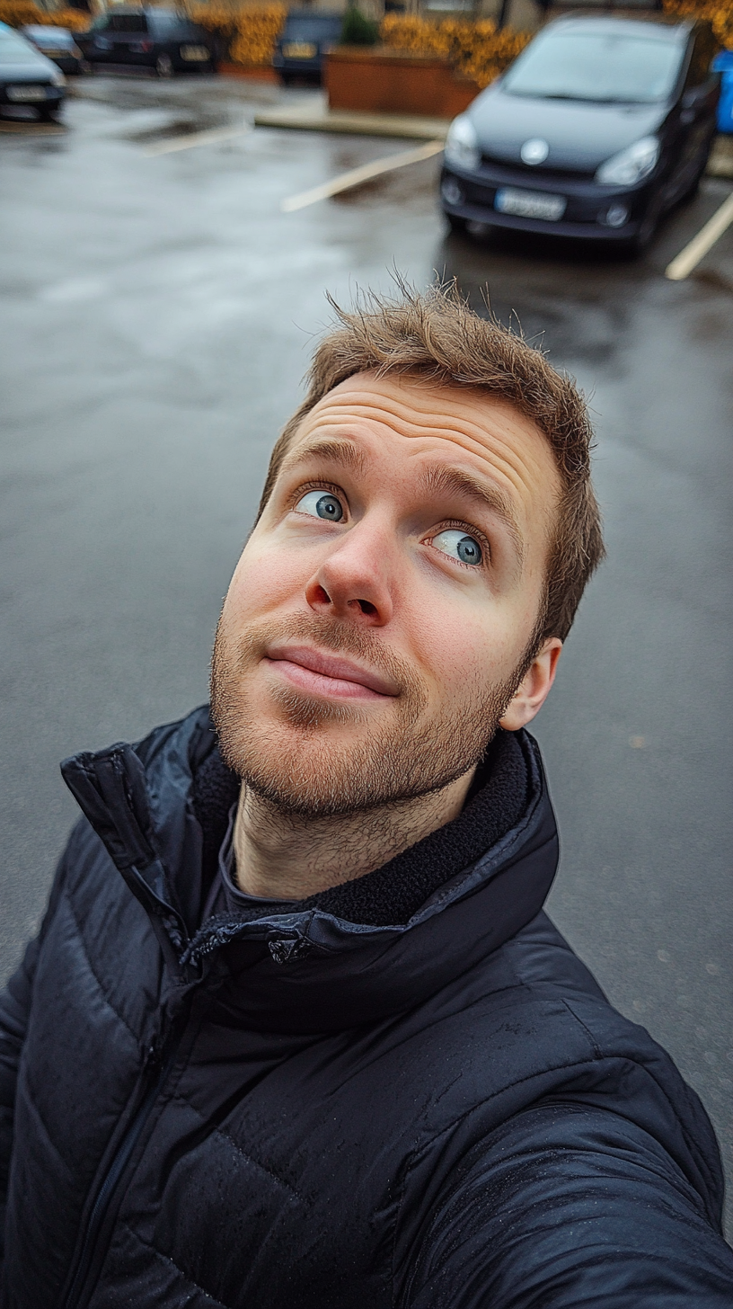 British man taking selfie with car in background.