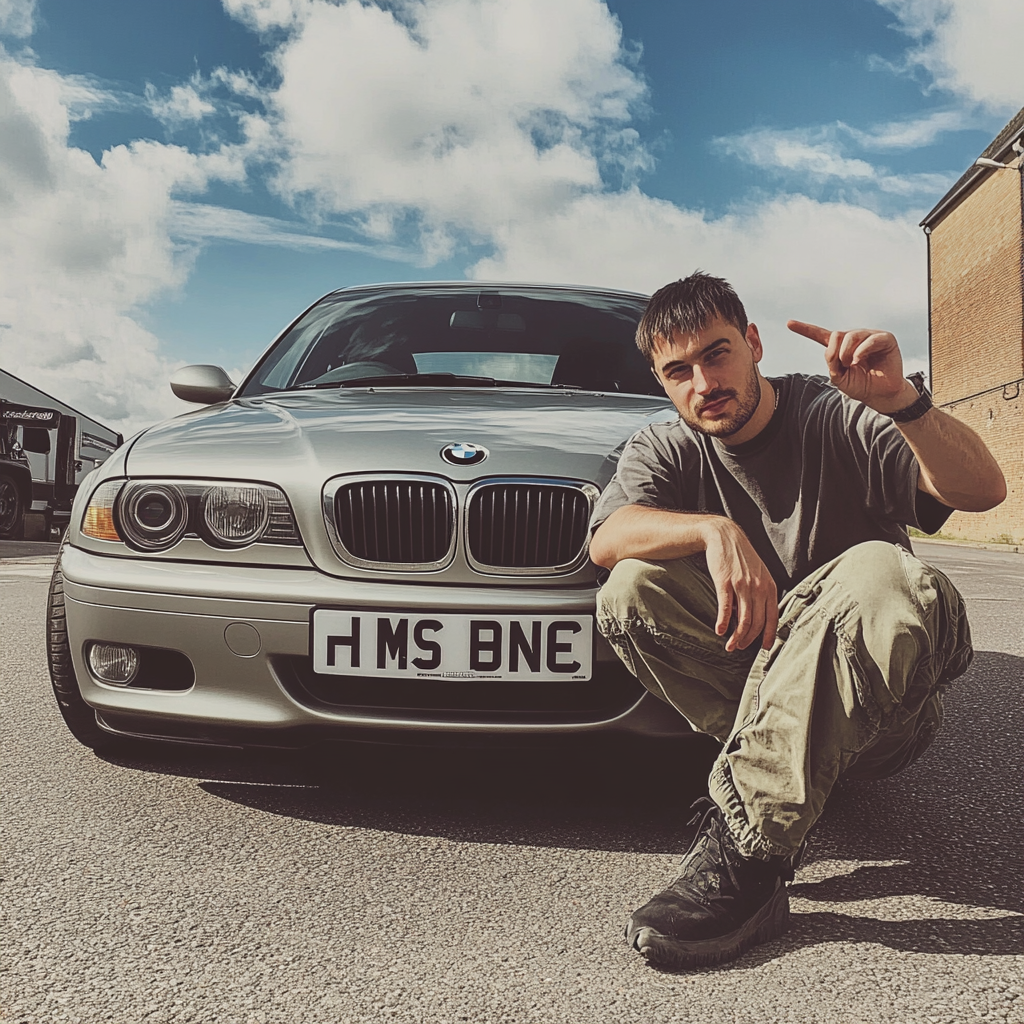 British man with BMW kneels by number plate.