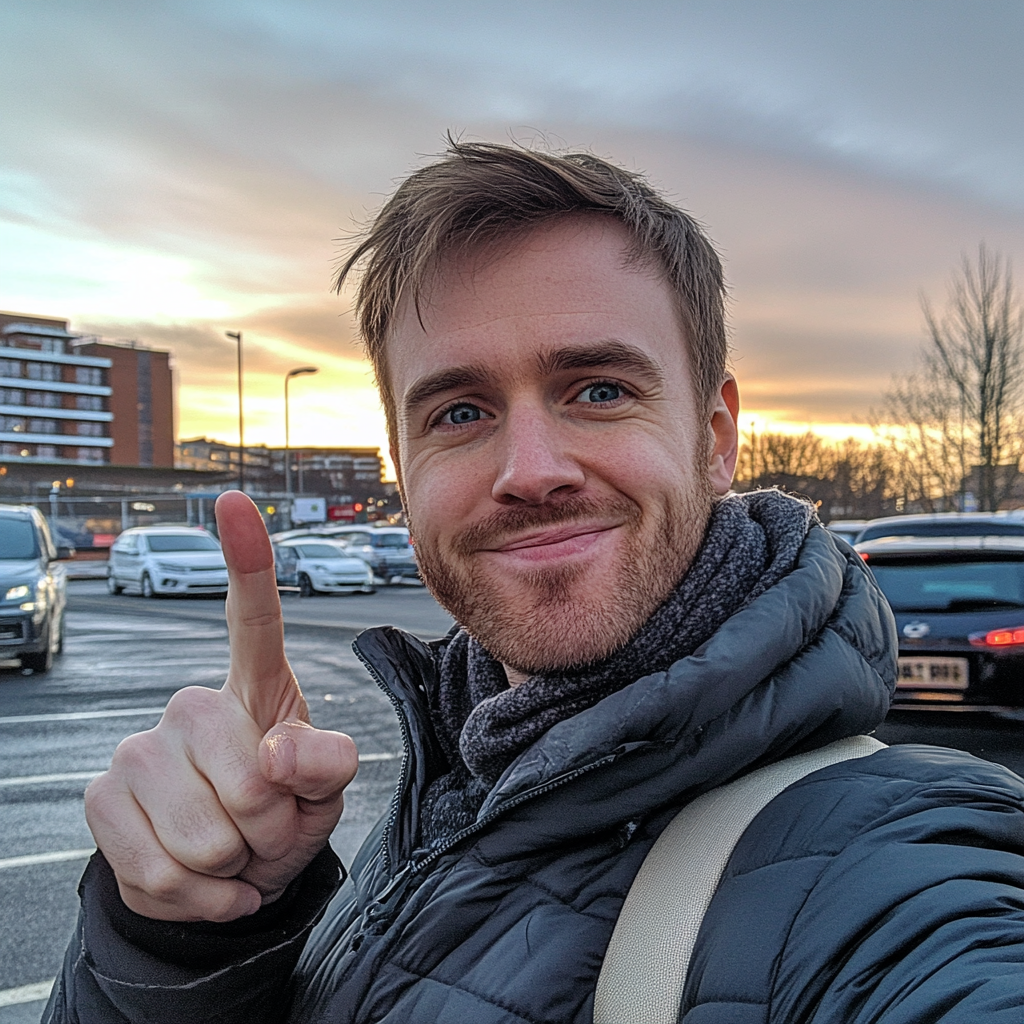 British man with car and sticky note selfie.