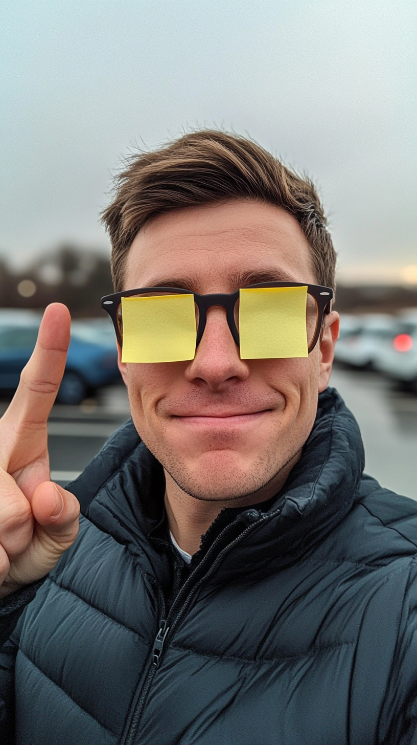 British man with post-it notes on glasses, car background.