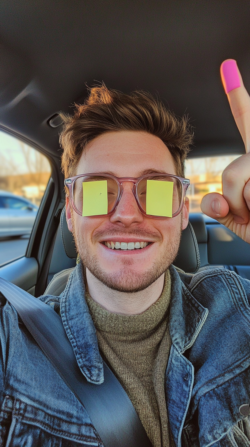 British man with sticky notes on eyeglasses, pointing up.