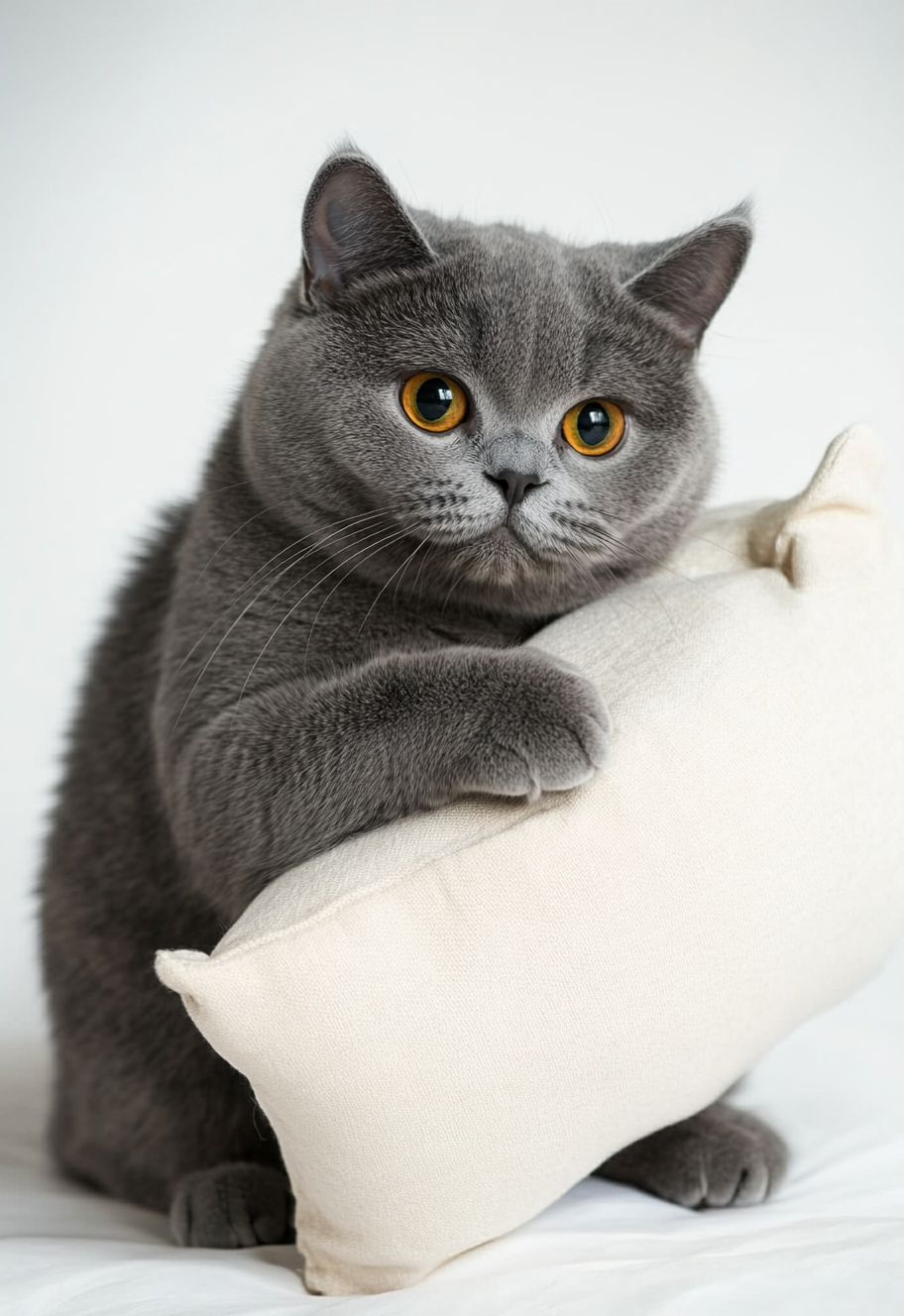 British shorthair cat hugging pillow, charming expression, camera.