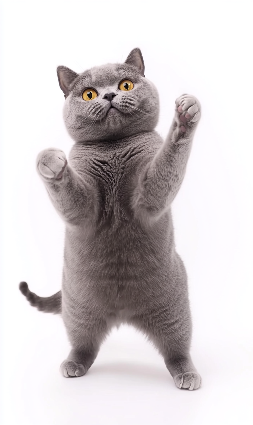 British shorthair cat standing on two legs smiling