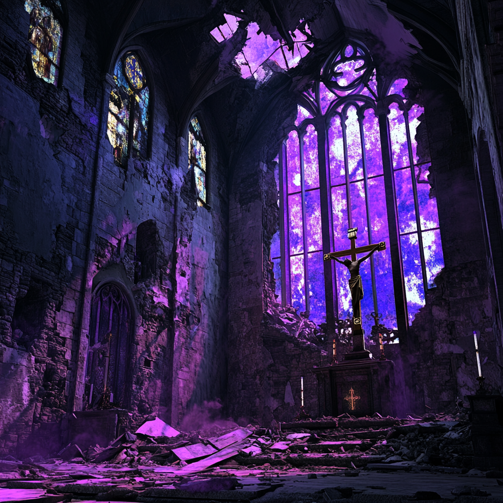 Broken Crucifix on Ceremonial Altar in Crumbling Cathedral.