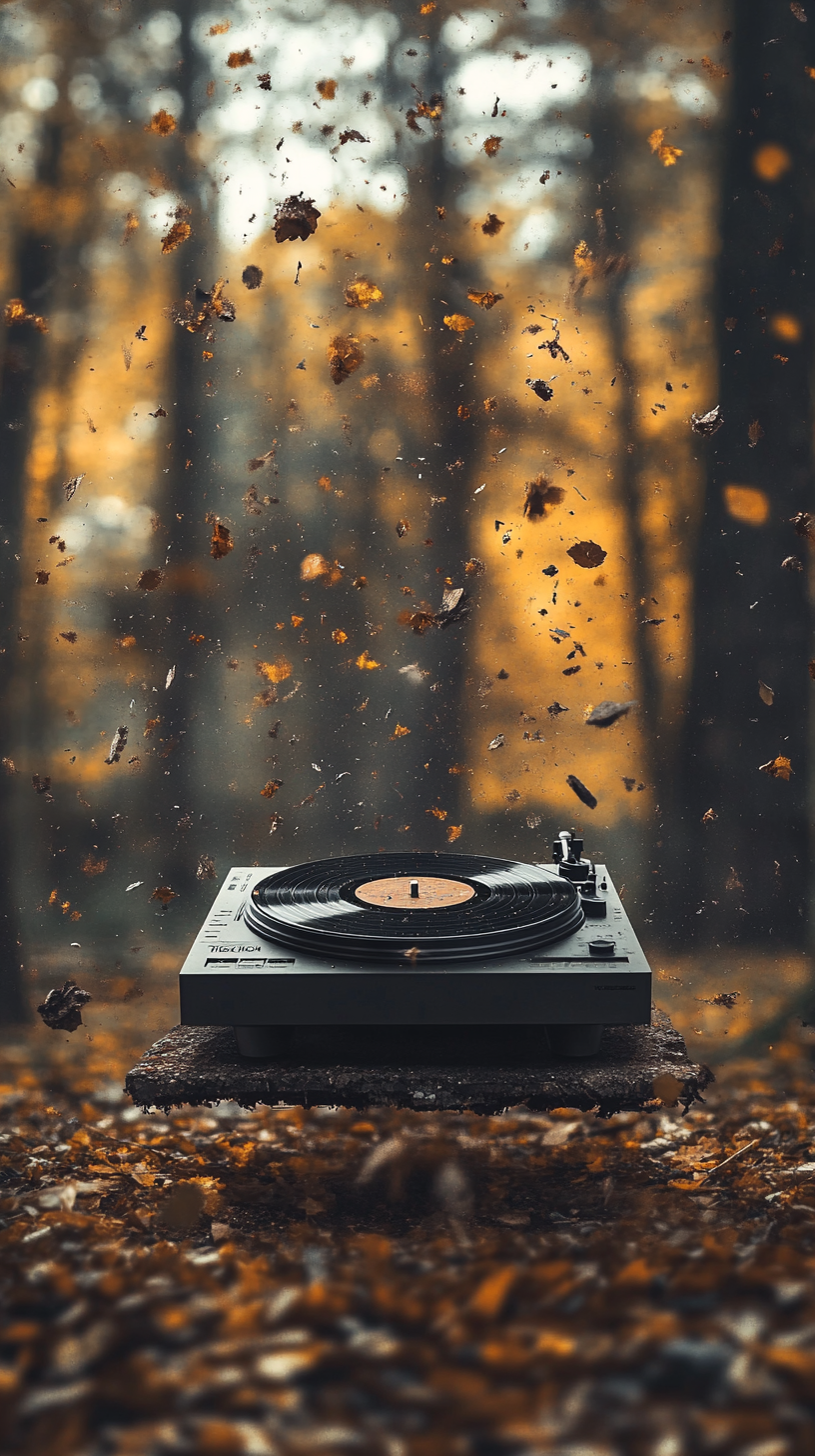 Broken DJ turntable in forest with floating debris and light.