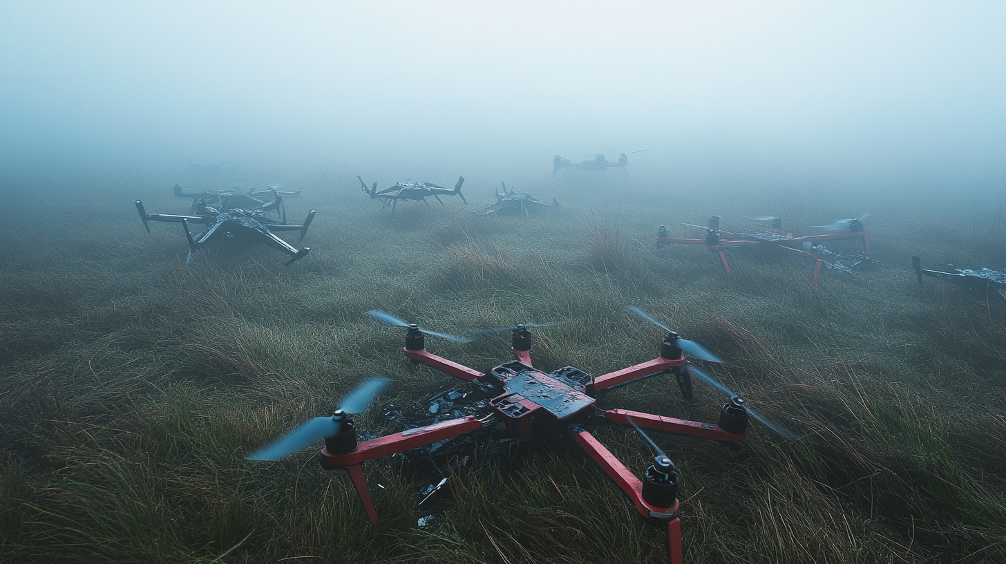 Broken Drone Graveyard in Foggy Field