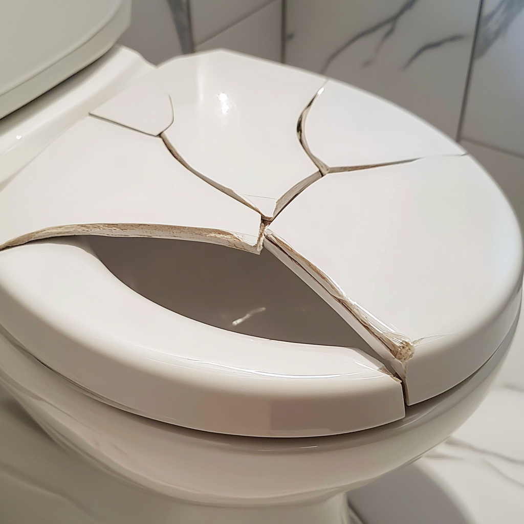 Broken toilet lid in stylish bathroom with sharp edges.