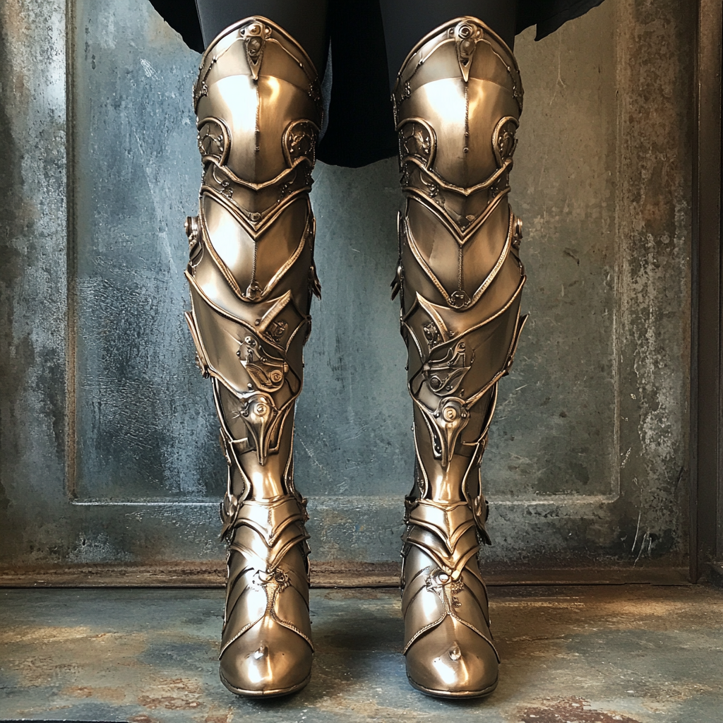 Bronze armor thigh high boots with toe protection.