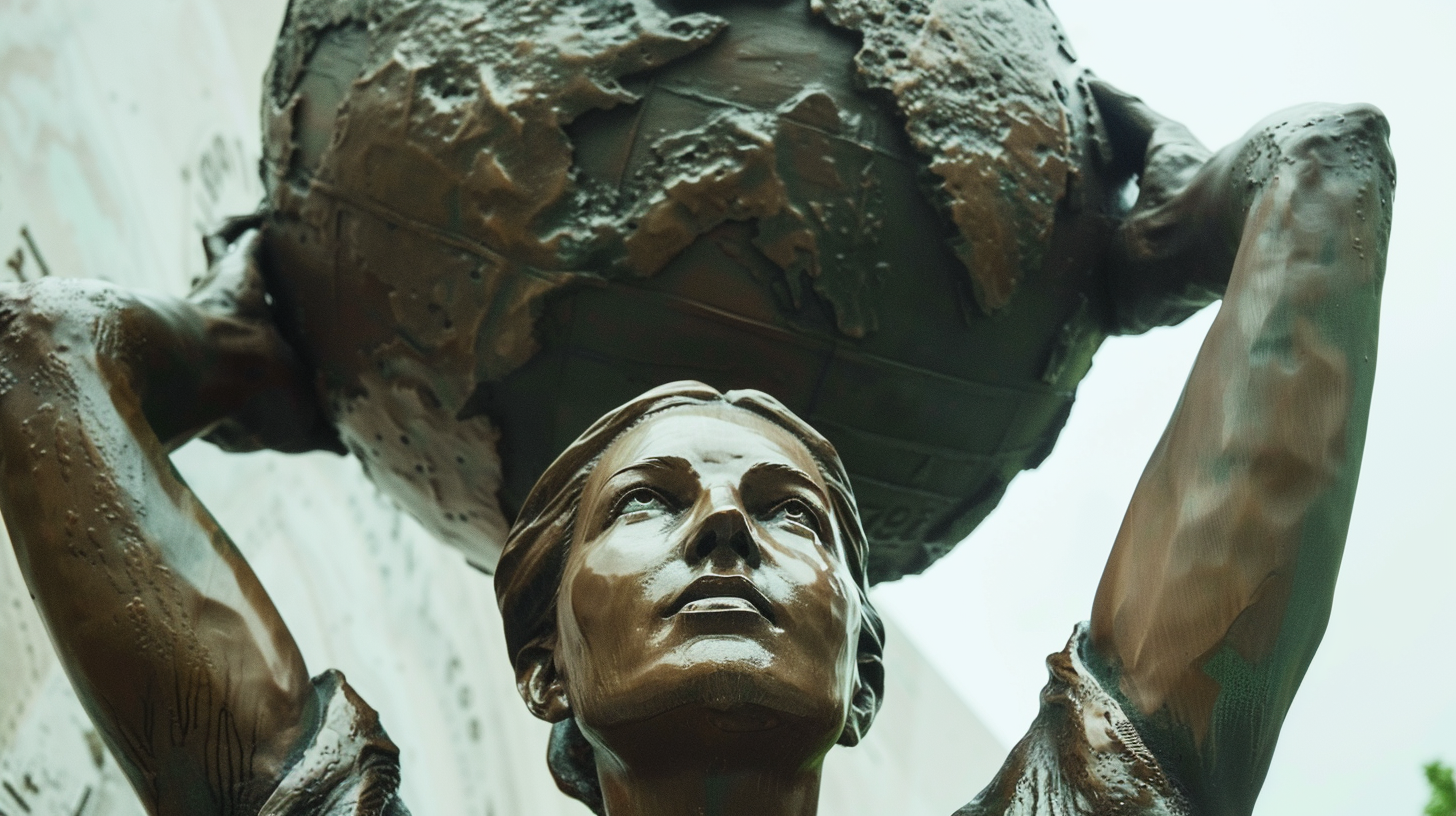 Bronze statue of towering woman carrying US map.