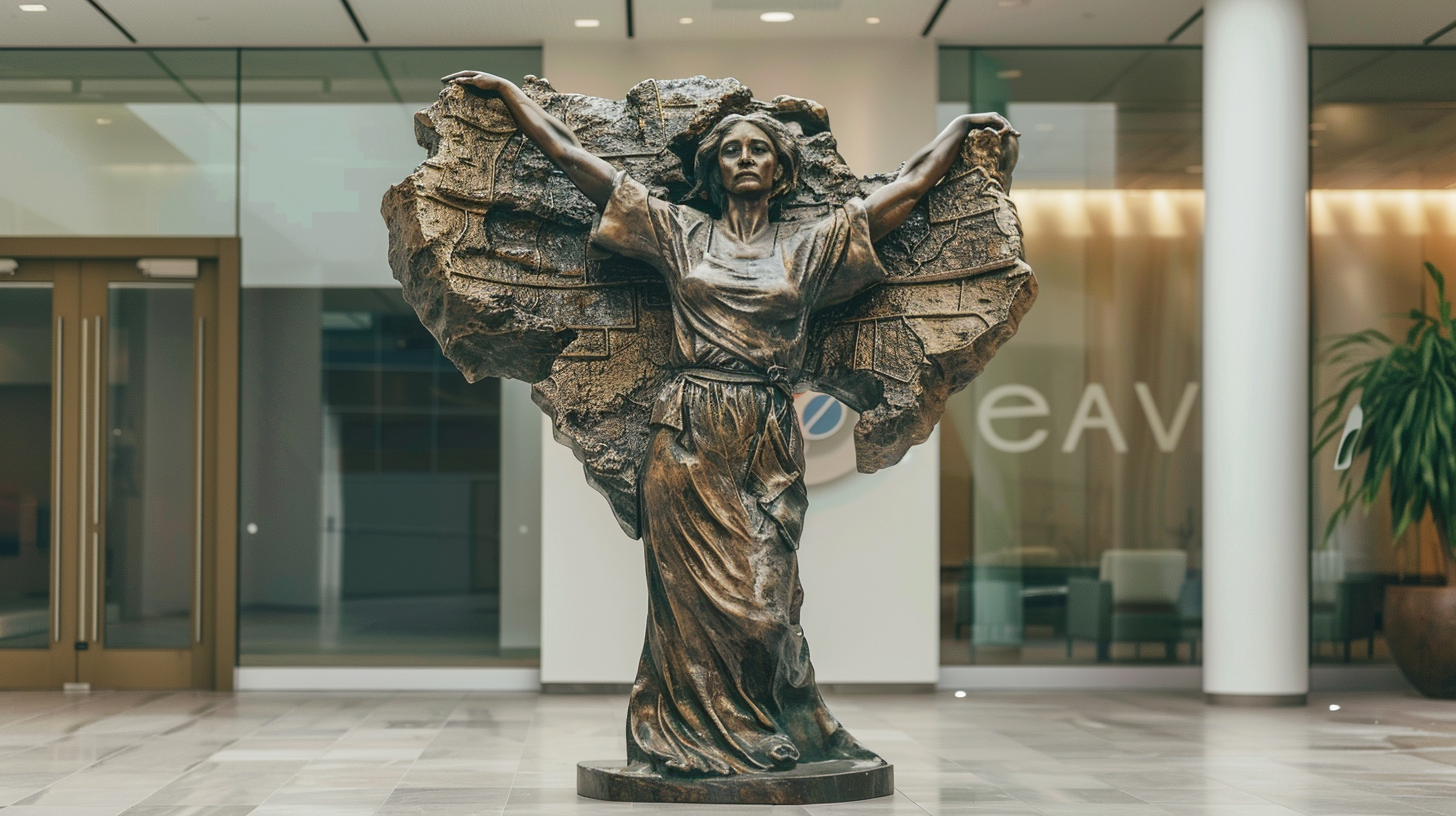 Bronze statue of woman carrying huge map of USA.