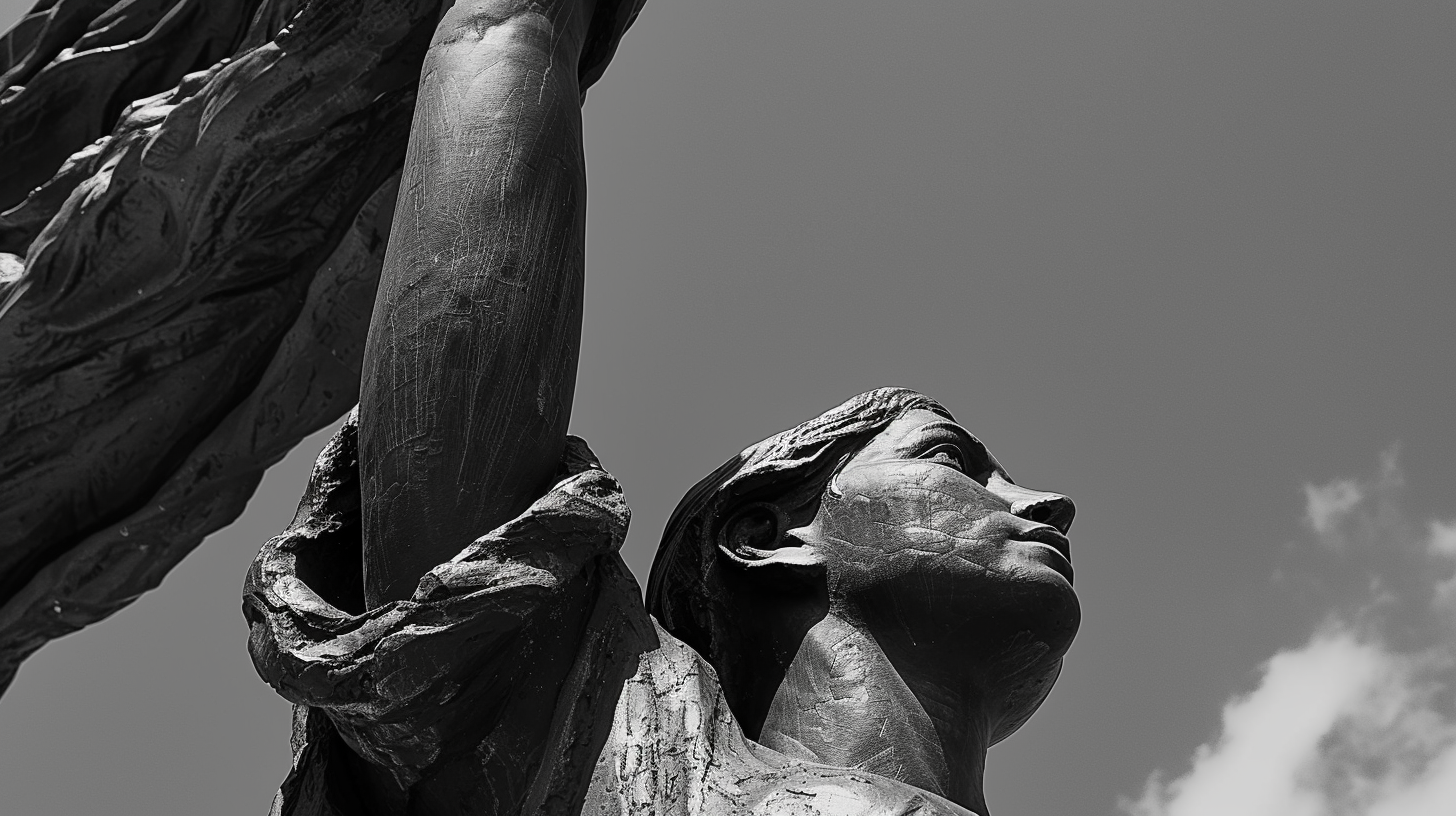 Bronze statue of woman holding United States on shoulders.