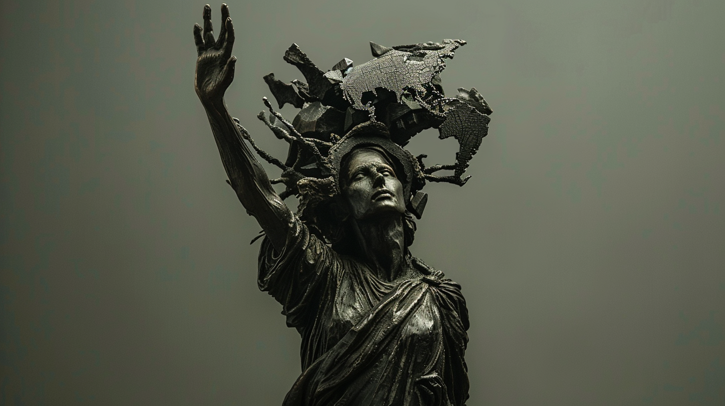 Bronze statue of woman holding model of USA.