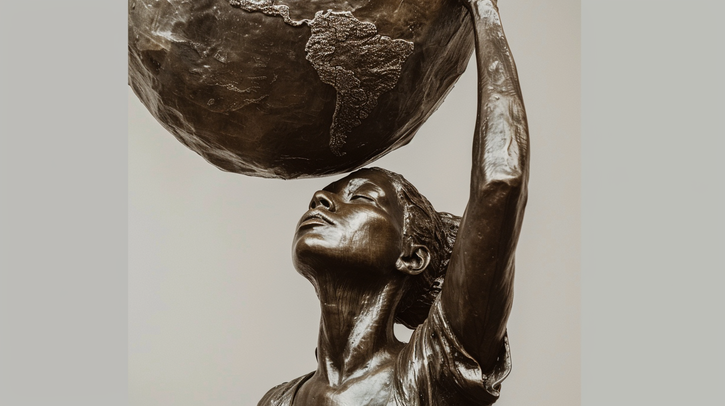 Bronze statue woman holds up America on shoulders.