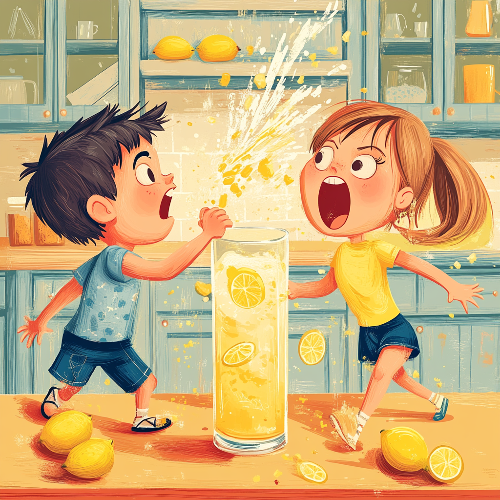 Brother and sister play fight for lemonade