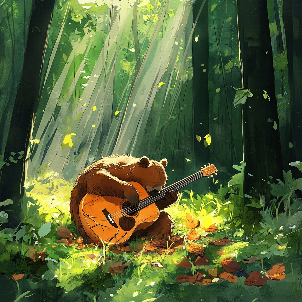 Brown Bear Jonny finds buried guitar in forest.