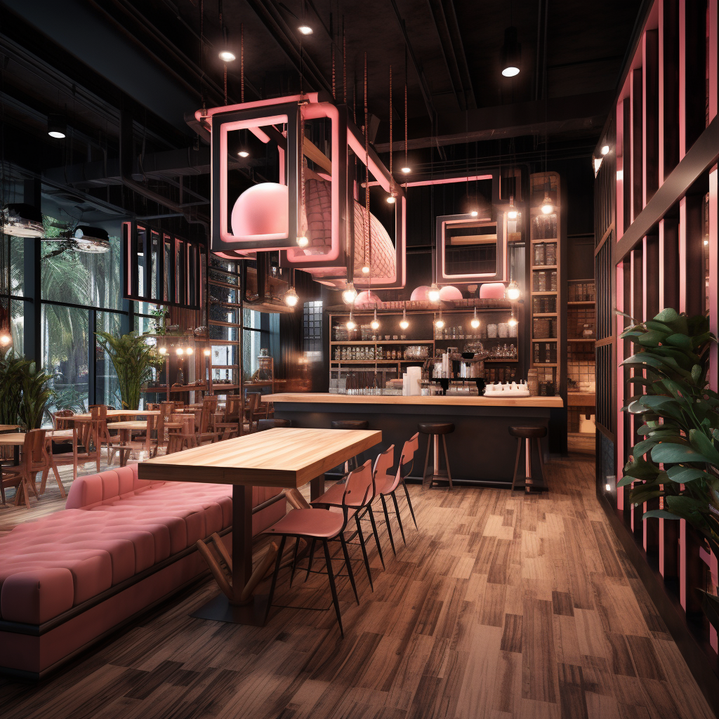 Modern Coffee Shop with Brown Wood, Black Metal, and Pink LED Lighting