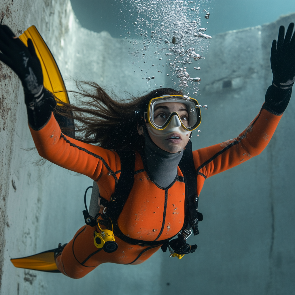 Brown eyed girl diving in sunken ship, 1970s film.