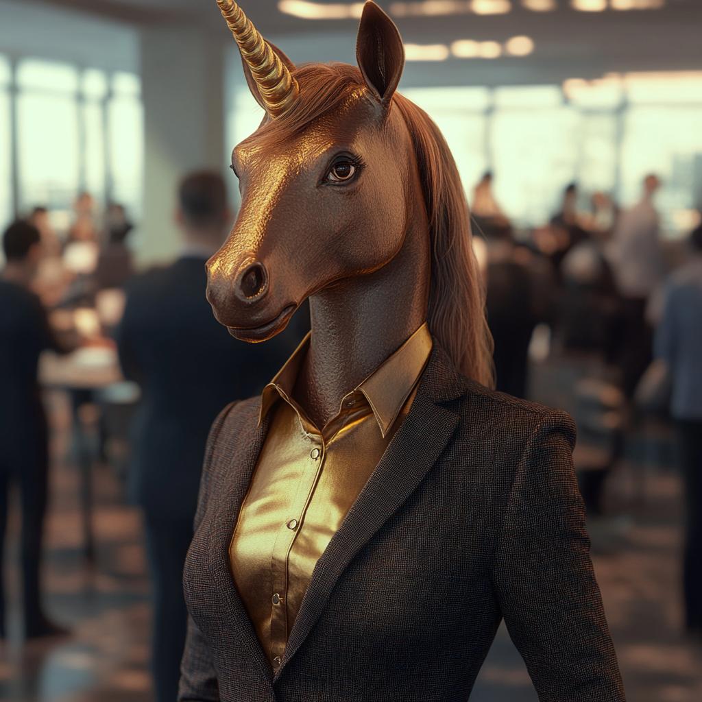 Brown female unicorn in business suit with gold shirt.