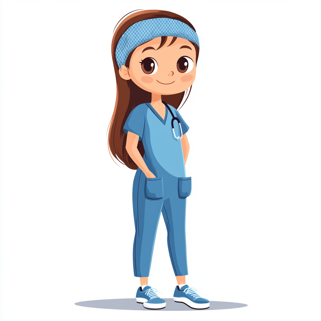 Brown-haired girl in blue scrubs and white shoes.