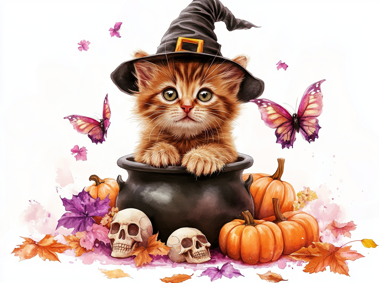 Brown kitten in witch hat, sitting in cauldron.