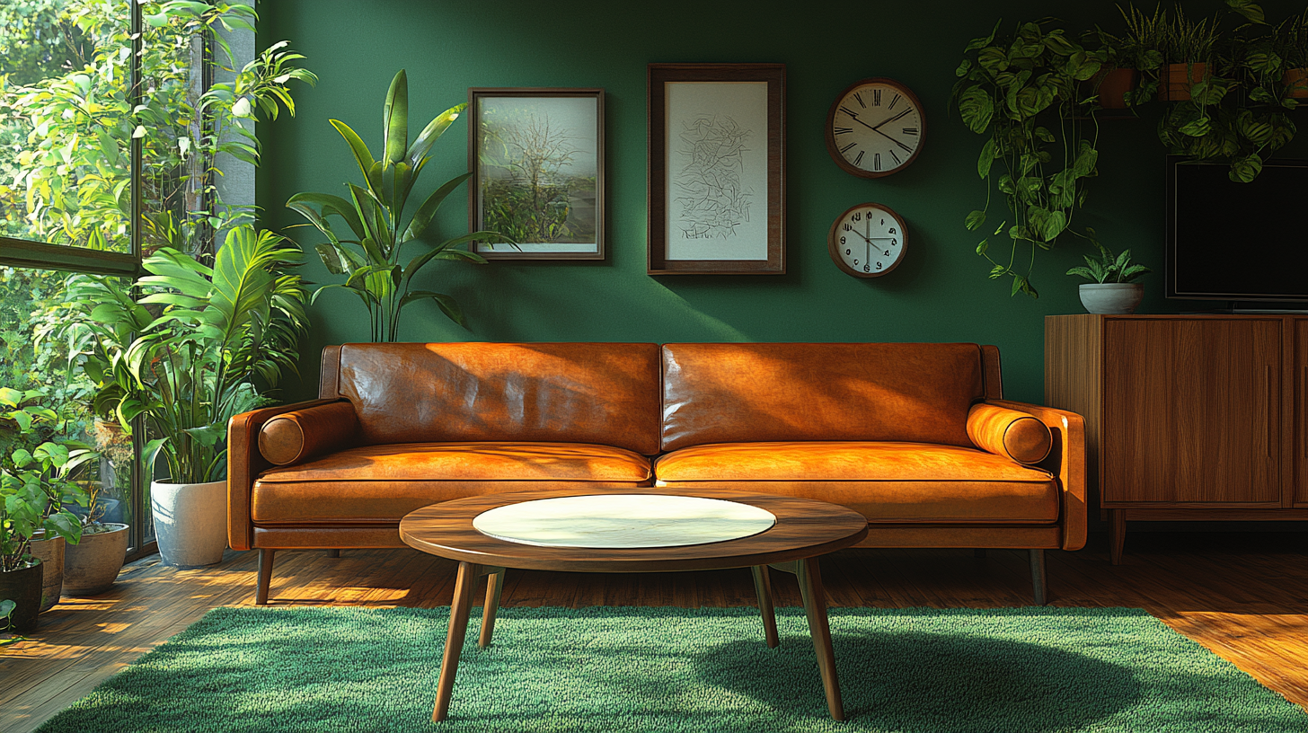 Brown leather sofa, wooden table, green carpet in retro interior.