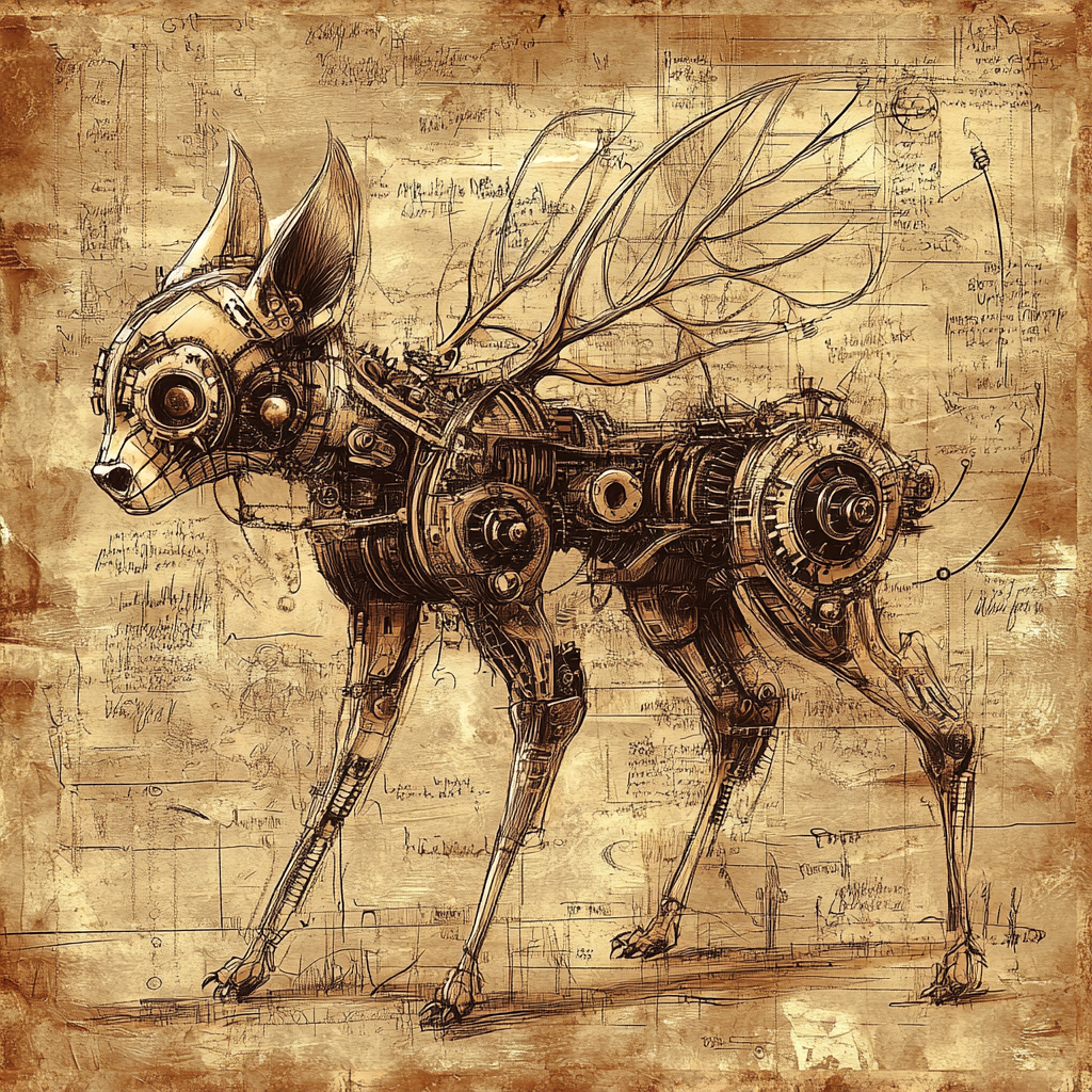 Brown mechanical woodland creature in da Vinci style drawing.