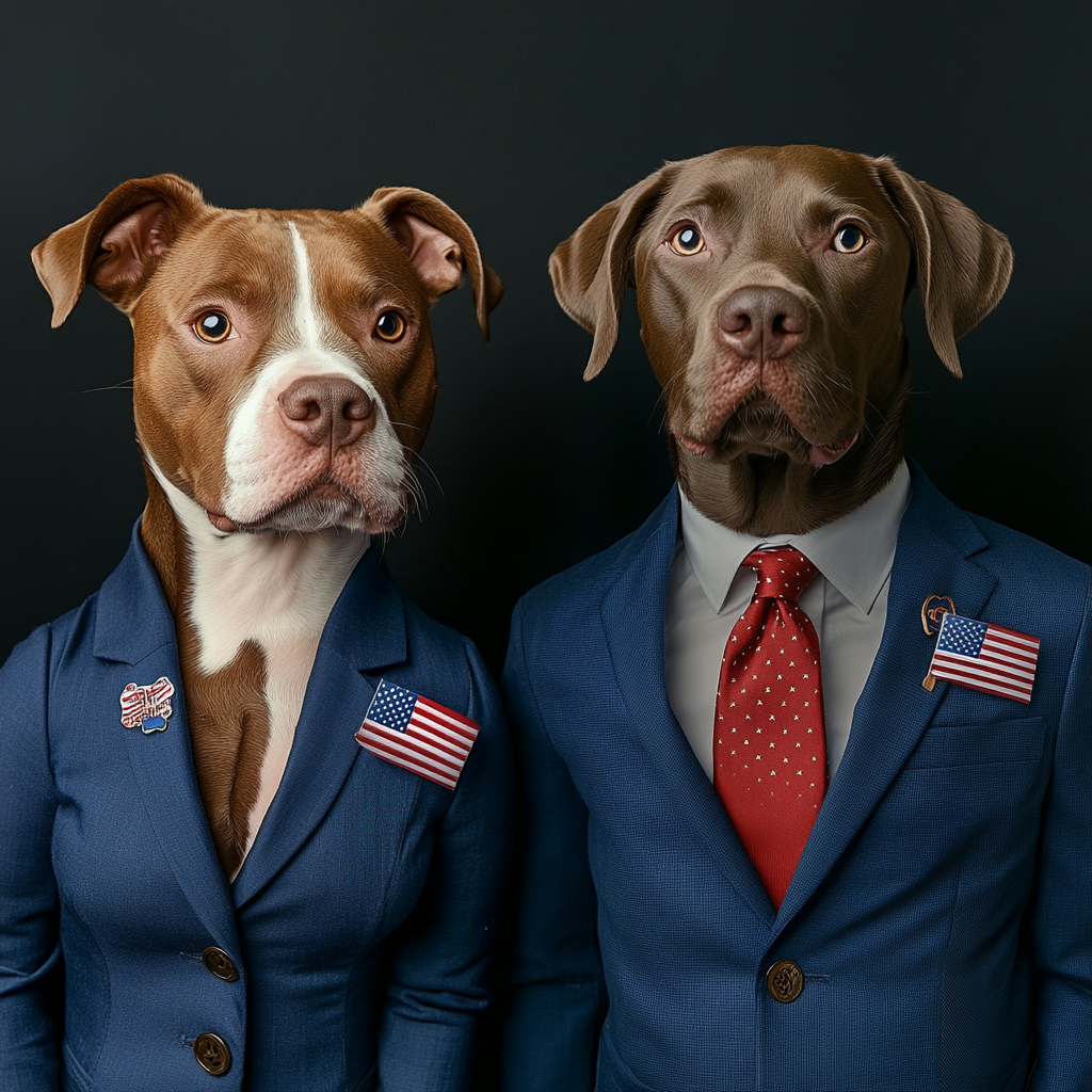 Brown pitbull in blue suit with chocolate labrador.