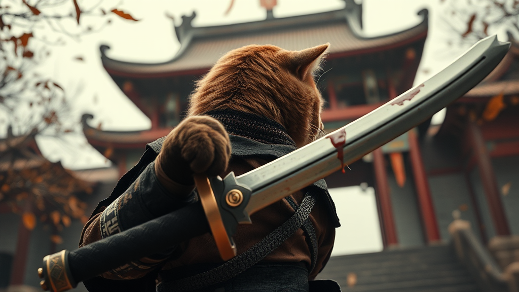 Brown samurai cat entering Chinese temple with bloody sword.