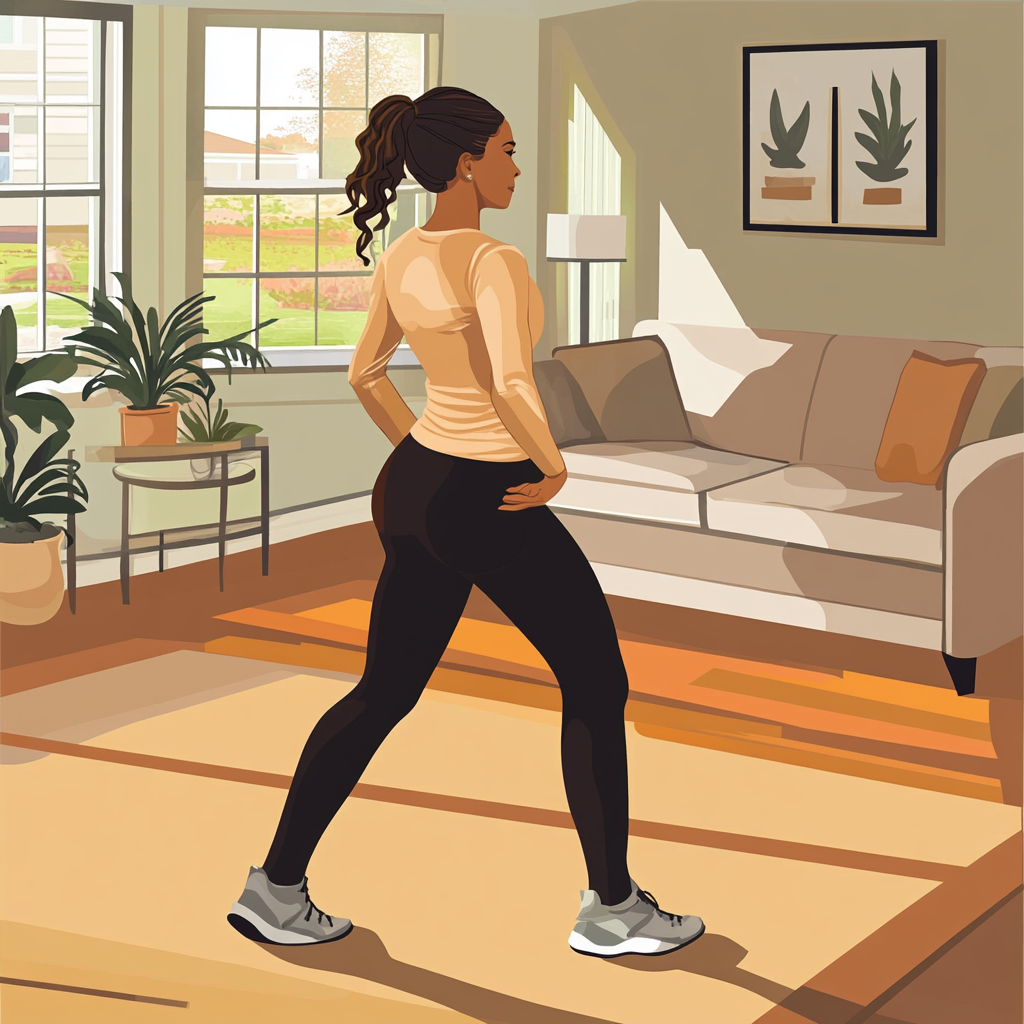 Brown woman exercising properly in living room vector art.