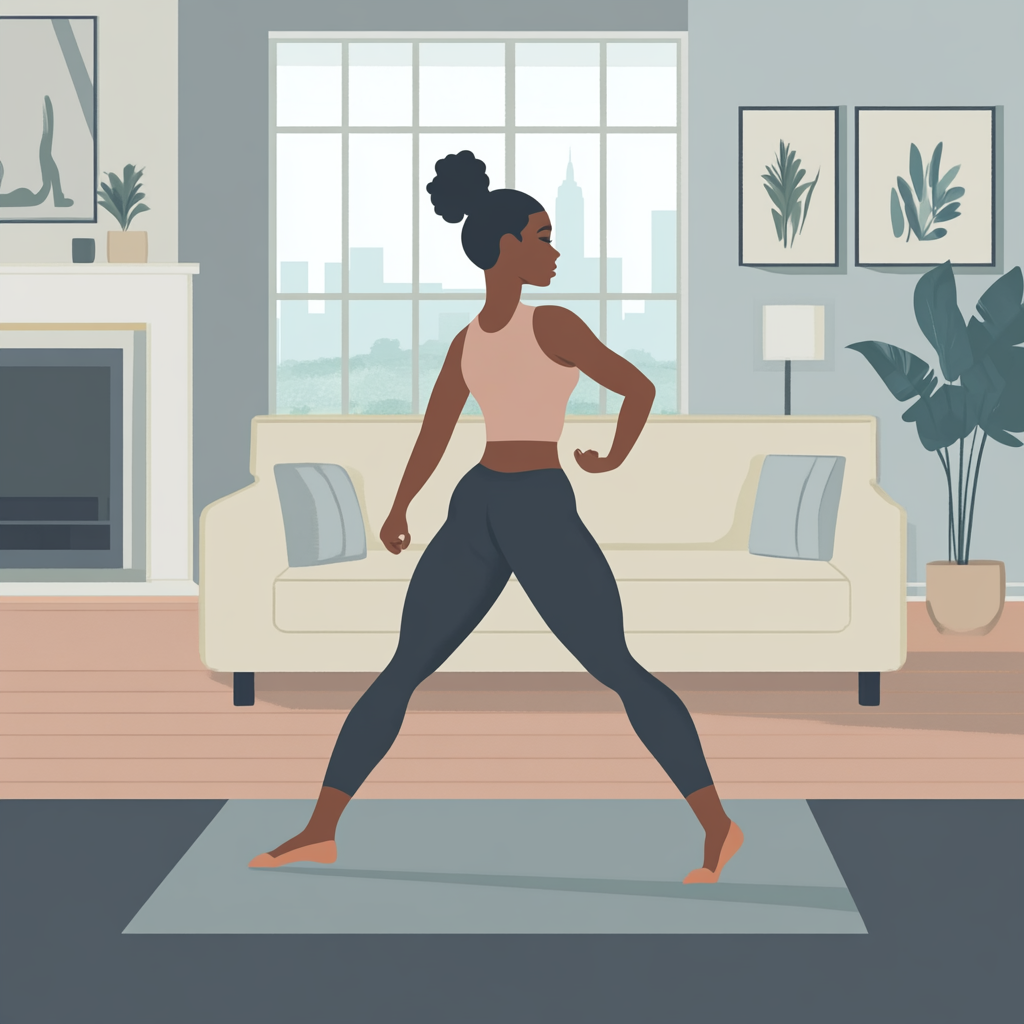 Brown woman in tights exercises in pastel living room.