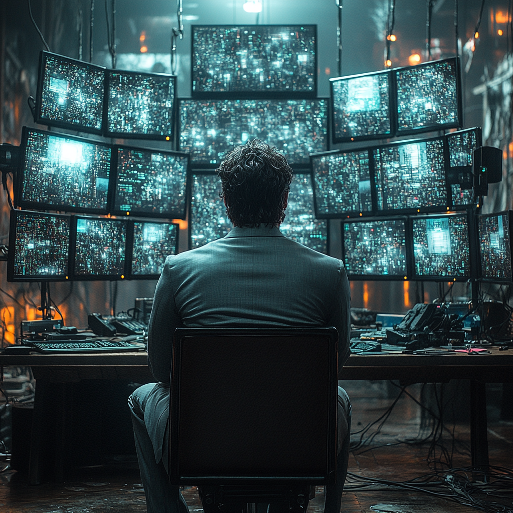 Bruce Wayne closely examining the Batcomputer, surrounded by glowing monitors.