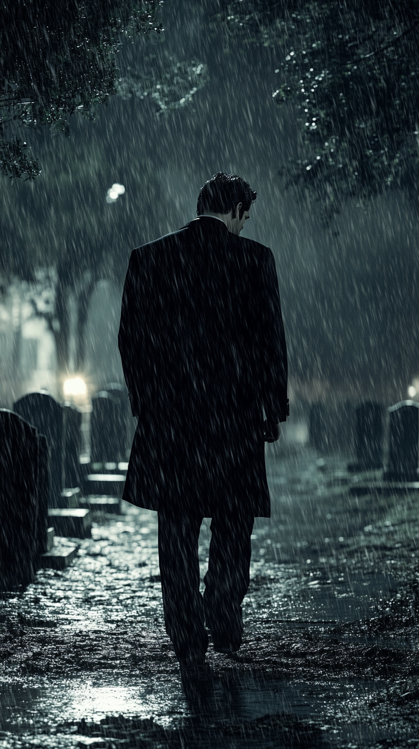 Bruce Wayne mourns in the rain at funeral.