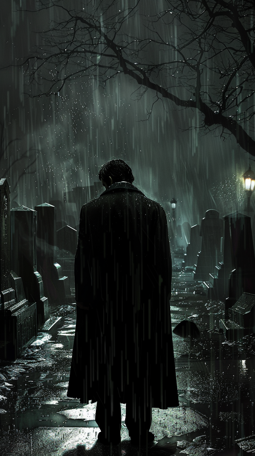 Bruce Wayne mourns in the rain at night funeral.