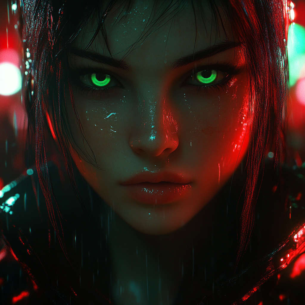 Brunette girl in cyberpunk city with green eyes.