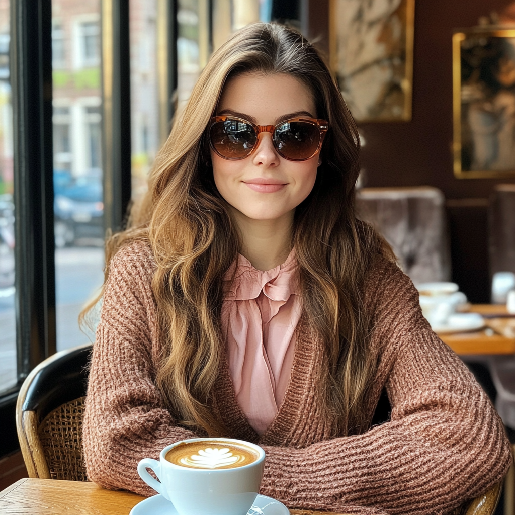 Brunette in Amsterdam cafe, drinking coffee, wearing pink.