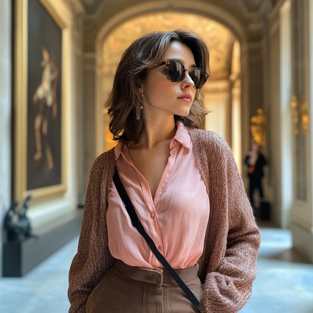 Brunette in a museum in Amsterdam with sunglasses walking.