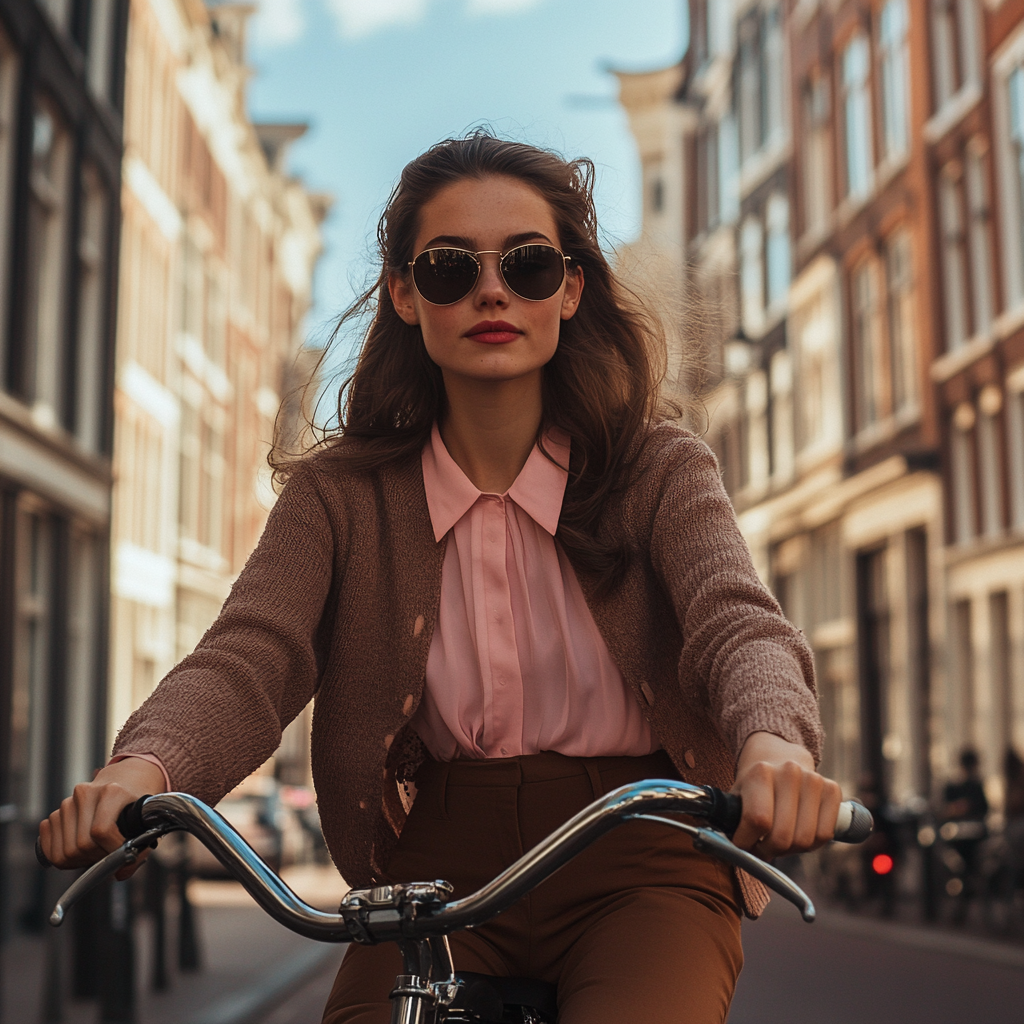 Brunette in pink blouse riding bike in Amsterdam, sunglasses.