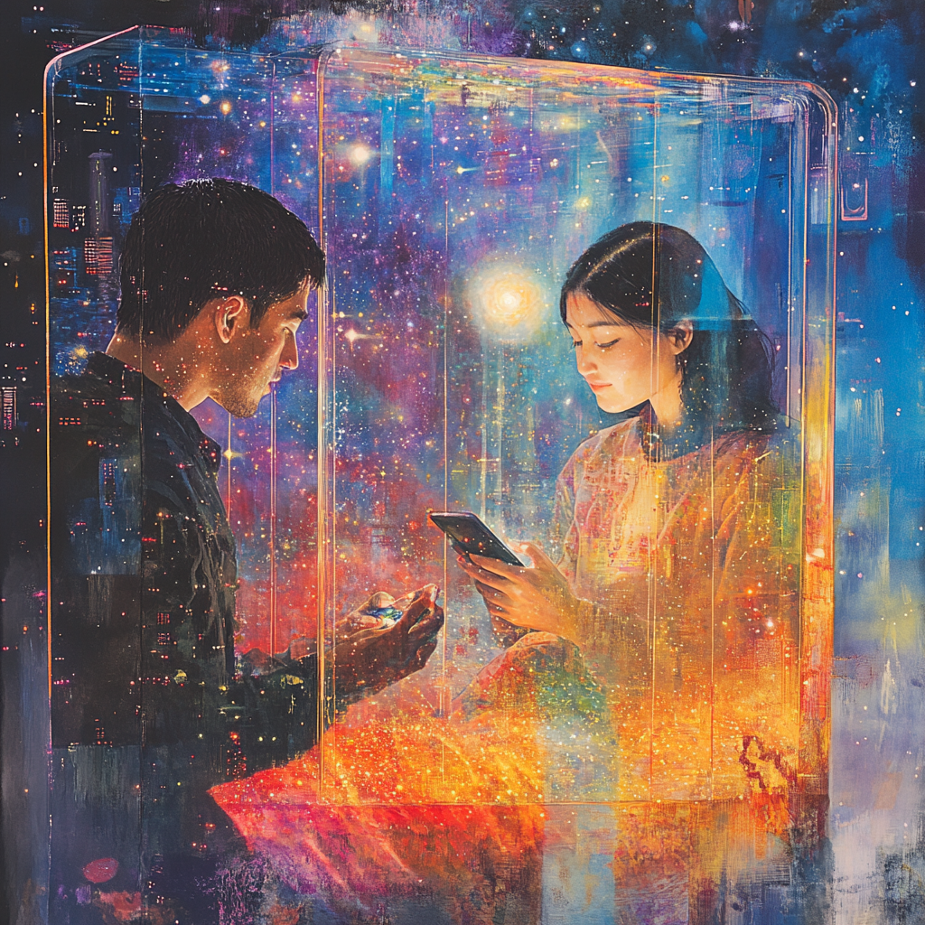 Brunette man and Asian woman in glass box, phones.