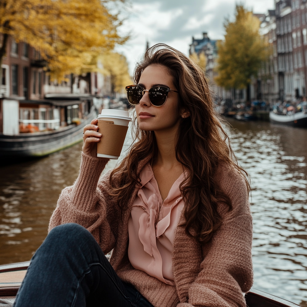 Brunette relaxes on Amsterdam houseboat sipping coffee, wearing pink.