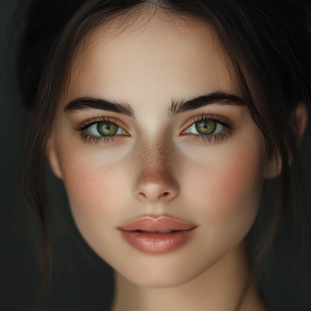 Brunette woman facing forward, green eyes, natural lips.