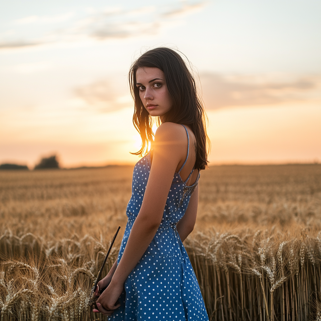 Brunette woman in blue dress with iron rod at sunset.