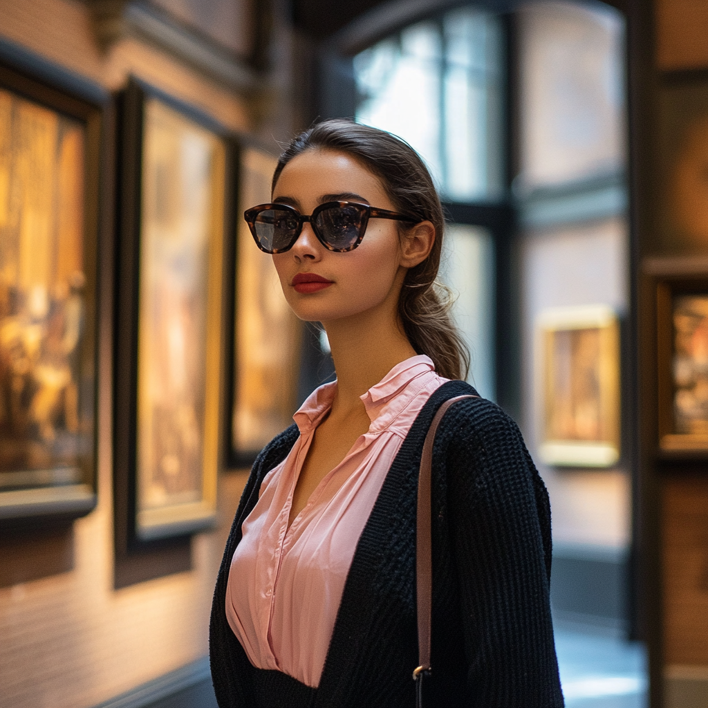 Brunette woman in museums of Amsterdam with pink blouse.