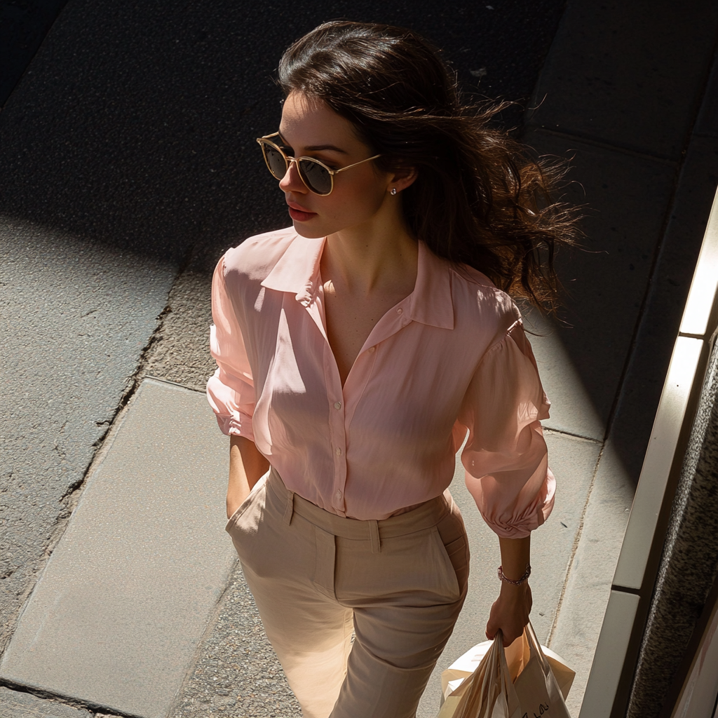 Brunette woman in pink blouse and khaki pants shopping.