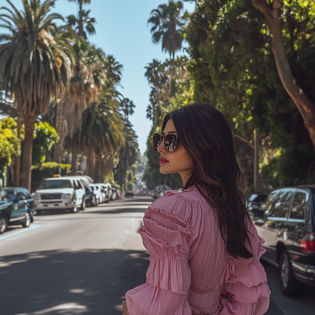 Brunette woman in pink blouse walking in LA.