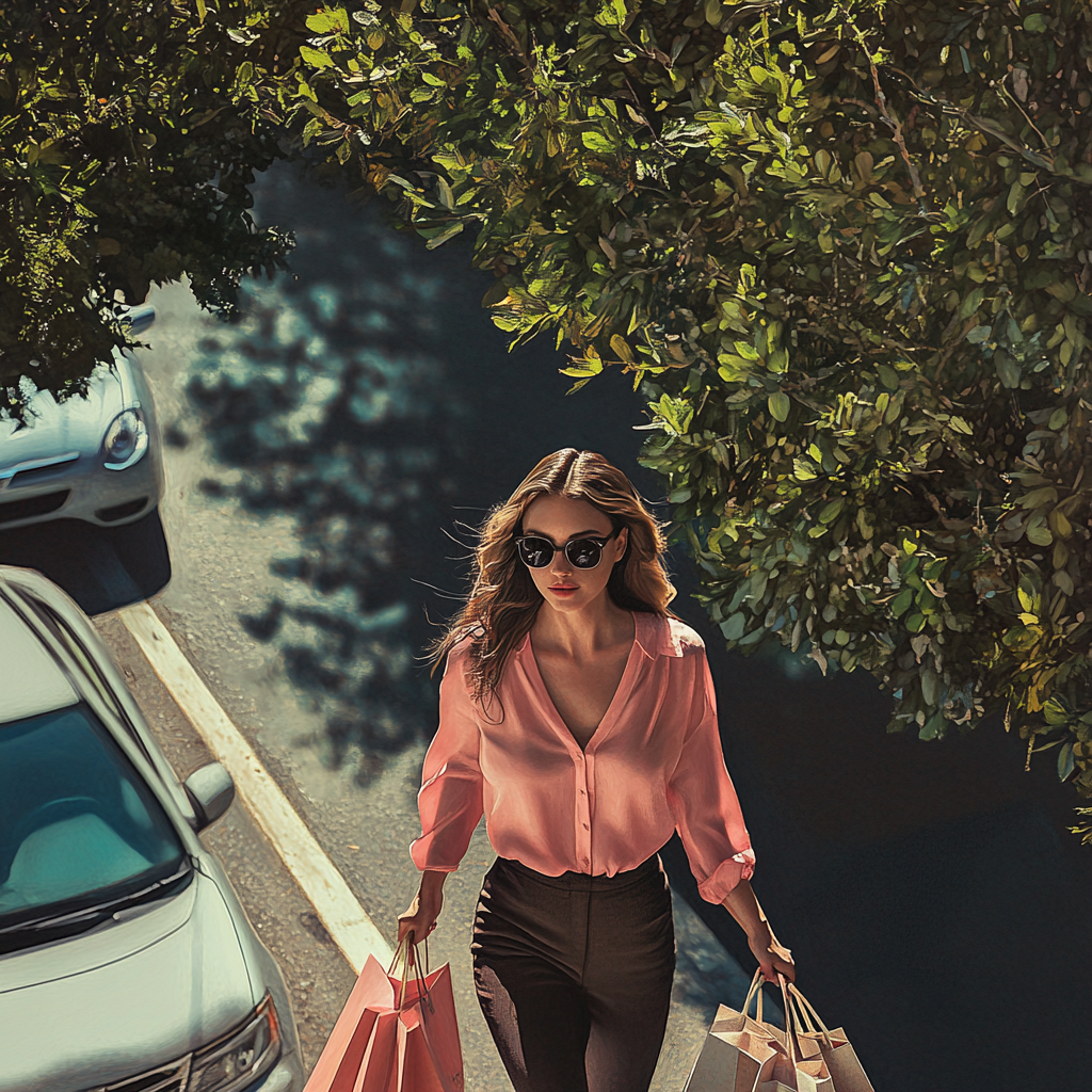 Brunette woman shopping in Los Angeles street scene