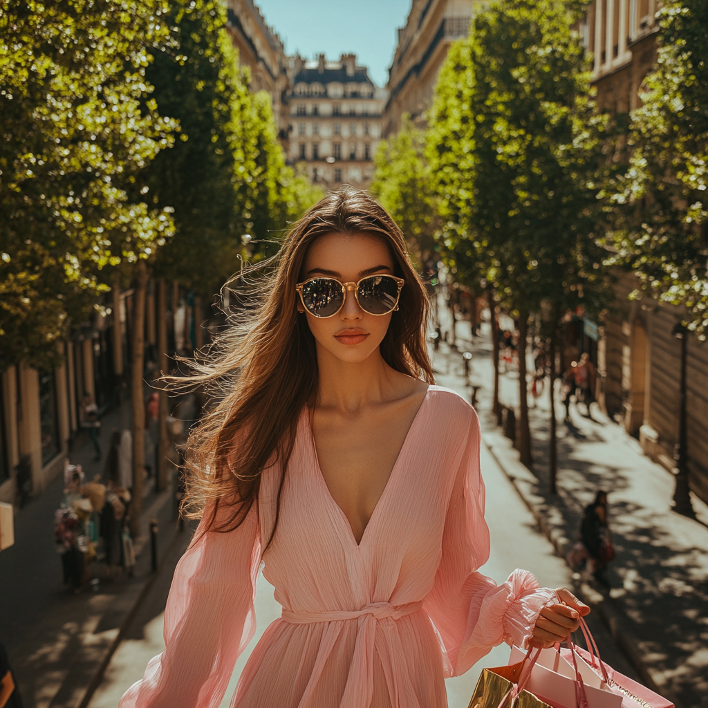 Brunette woman with shopping bags in Paris streets 