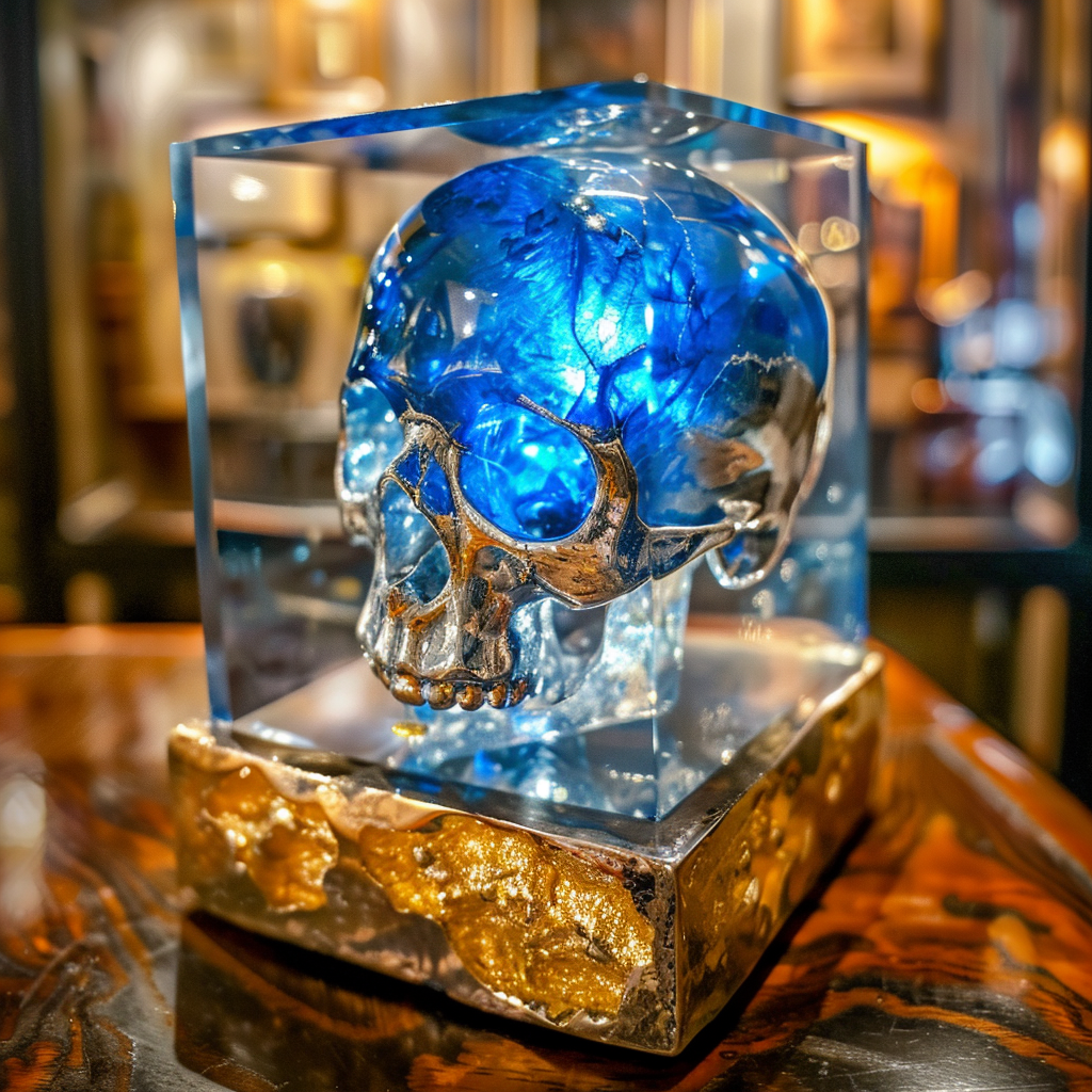 Brutalist skull sculpture with gemstone display, silver and gold.